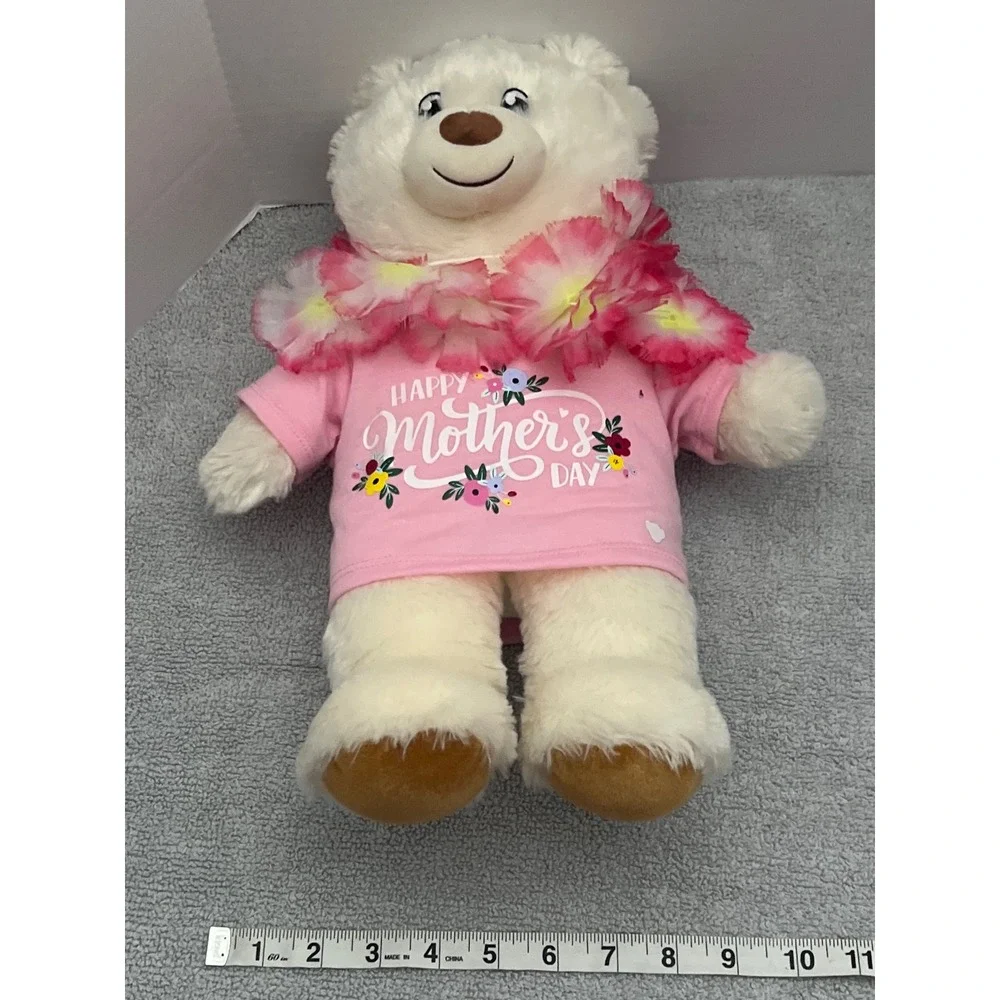 Build-A-Bear Workshop‎ White Teddy Bear Happy Mother's Day Pink Shirt Floral Lei